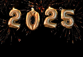 Happy new year 2025 banner, golden foil balloons on black background  and firework, space for text	