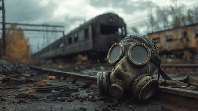 ai generated picture of ukraine chernobyl nuclear disaster aftermath: gas mask lying next to rail near to abandoned train at a dystopian lost place ghost town