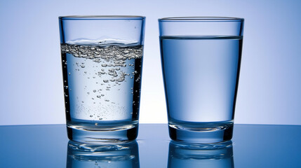 two glasses full of water: one glass with sparkling water soda, second glass with still natural...