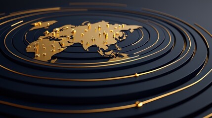 Elegant 3D Golden World Map with Radiating Circles on a Dark Background, Symbolizing Connectivity, Technology, and Global Network Concepts in a Futuristic Style