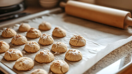 Fototapeta premium A tray of unbaked cookies on parchment paper, ready to go into the oven, with a rolling pin and dough in the background 