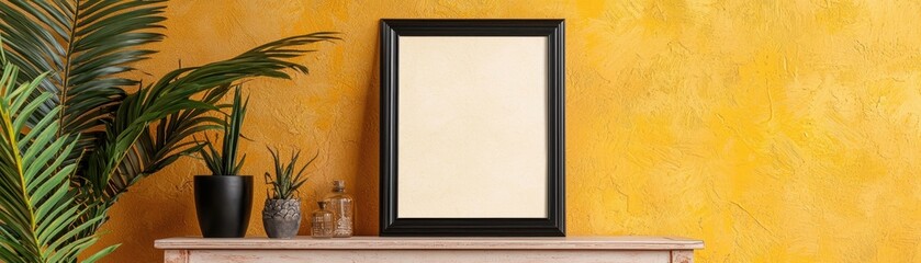 Fototapeta premium A textured poster frame displayed on a pastelpainted vintage chest of drawers, surrounded by nostalgic trinkets in a quaint setting