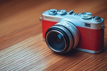 Vintage Red and Silver Rangefinder Camera on Wooden Surface