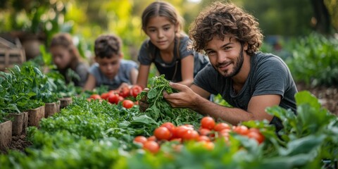 Happy family harvesting fresh tomatoes and greens in their garden.