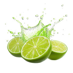 Fresh lime slices with splash effect isolate on transparent background
