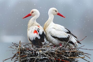 Two White Storks Resting in a Nest During a Light Snowfall
