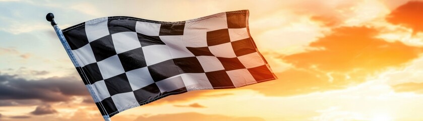 Dynamic checkered flag blowing in the wind, set against a radiant sunset backdrop, celebrating success and perseverance