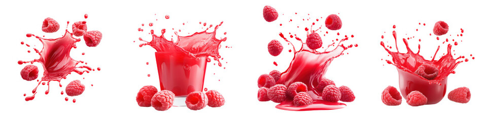 Vibrant raspberry juice splash sequence isolate on transparent background