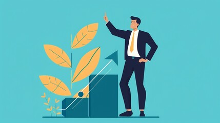 Obraz premium Businessman standing next to a business growth symbol reflecting a business leaders impact on scaling and innovation Includes themes of sales executive and operations manager