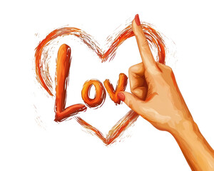 Hand pointing to the word LOVE in a heart shape. on Isolated transparent background