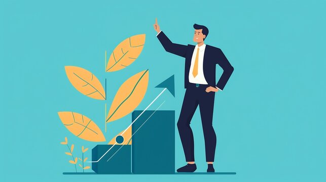 Businessman standing next to a business growth symbol reflecting a business leaders impact on scaling and innovation Includes themes of sales executive and operations manager