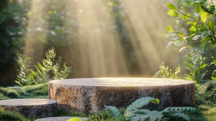 Tranquil Stone Podium Surrounded by Lush Greenery and Soft Rays of Light in an Abstract Natural Setting