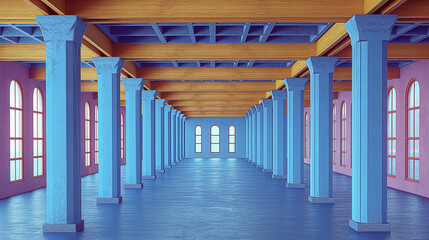 Vibrant symmetry: modern interior with bold blue columns and wooden ceiling design