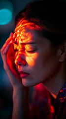 Young woman is suffering from a headache against a dark background.