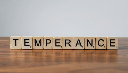 Temperance word from wooden blocks on desk with white shades, png