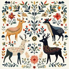 Scandinavian folk art cozy woodland animals in Scandinavian folk art style, surrounded by minimalist floral motifs.