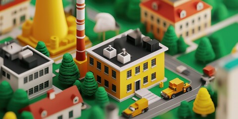 Colorful Miniature Cityscape with Yellow Building, Trucks, Trees, and Factory Structures in a Playful, Detailed Environment Suitable for Kids and Adults Alike