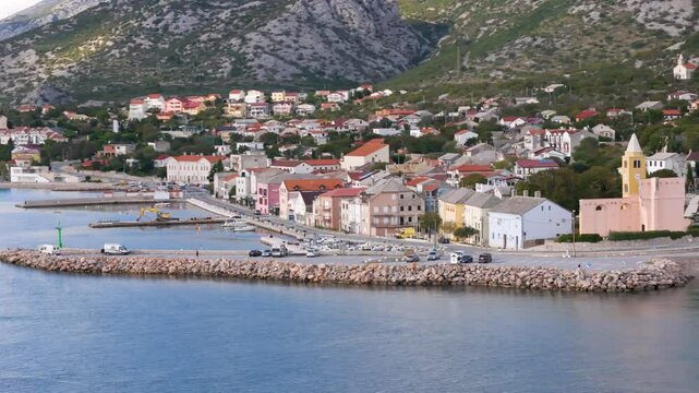 Aerial drone view of the town Karlobag at the Croatian coastline.