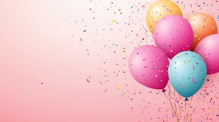 Colorful balloons and confetti on a pink background with copy space for text.