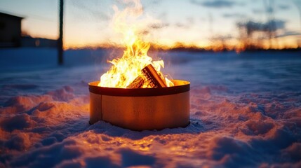 Cozy fire pit surrounded by snowdrifts rural setting icy morning