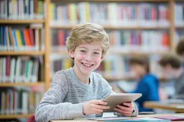 Happy Young Boy Holding Tablet in School Library Surrounded by Bookshelves.