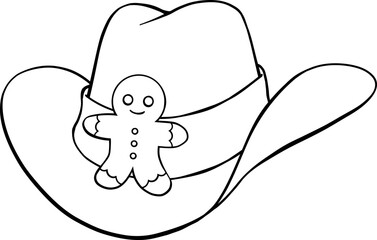 Christmas cowboy hat with gingerbread man cookie hand drawn black outline illustration with no fill