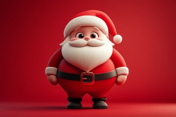 Obraz premium 3D cartoon Santa Claus character design with red suit, white beard, black belt, and shoes, cute and happy expression on festive red background.