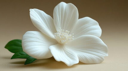 Fototapeta premium delicate white flower with soft petals and intricate details, resting on smooth surface. Its serene beauty evokes sense of calm and tranquility