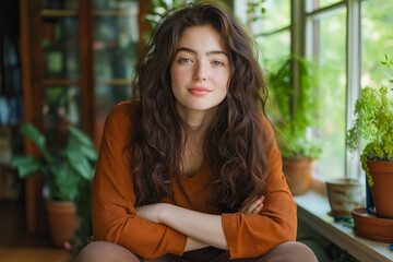 Young Woman with Wavy Hair in Cozy Indoor Setting, Surrounded by Potted Plants, Relaxing by Window