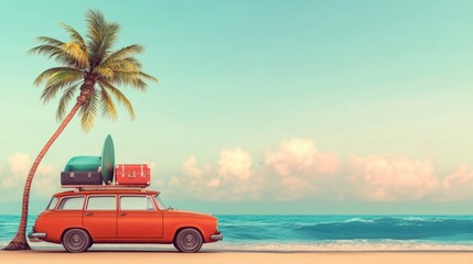 Vintage Vacation: A Red Car Parked On A Beach With Palm Tree