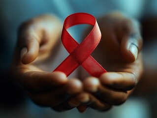 Close-Up of Hands Gently Holding a Red Awareness Ribbon