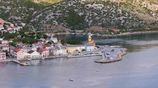 Aerial drone view of the town Karlobag at the Croatian coastline.