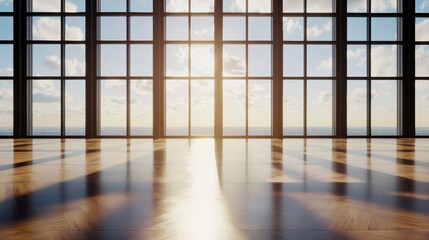 Clean modern layout with a blank black frame and polished woodenstyle floor, enhancing any visual content display