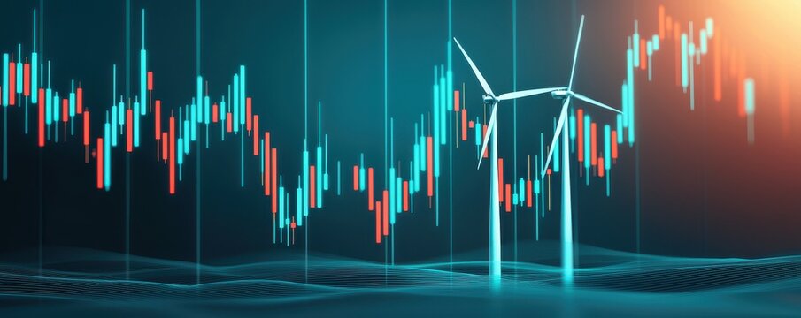 Abstract representation of renewable energy concepts featuring wind turbines integrated with a financial market graph, emphasizing sustainability and innovative technology trends
