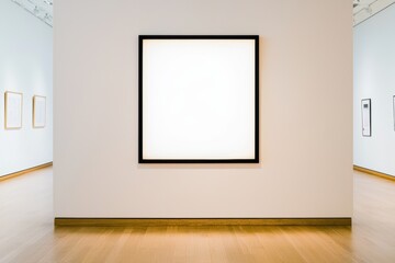 Fototapeta premium Empty frame setup with polished wooden flooring and soft lighting, emphasizing minimalism and adaptability for various art forms