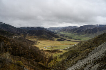 Fototapeta premium Chike-Taman pass in Altai mountains. Mountain landscape in the Altai Republic, Autumn mountains with green and yellow trees. Autumn landscape