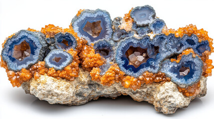 Obraz premium Beautiful blue agate with orange calcite crystals, showcasing intricate patterns and textures. This stunning mineral specimen highlights nature artistry and geological diversity