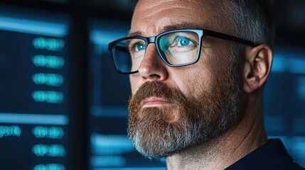 Serious man with glasses and beard looking intently at digital screens, showcasing technology and data analysis in a modern workspace environment