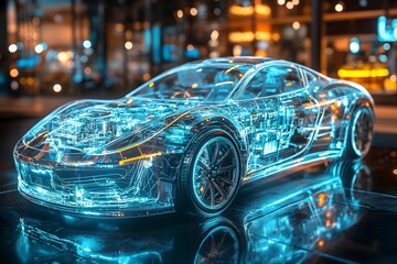 Fototapeta premium Blue wireframe Modern Electric car rides through Blue tunnel 3d rendering 