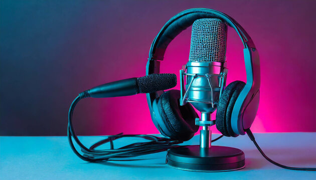 A retro headphones with michrophone sits at the center of a vibrant display of colors, showcasing a blend of technology and art in a modern setting