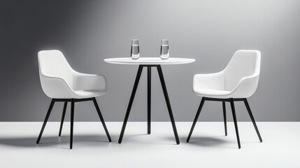 Modern and Minimalist Dining Table with White Chairs and Glasses of Water in Monochrome Interior Setting