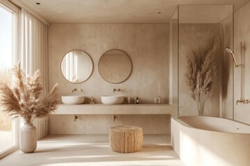 Contemporary Minimalist Bathroom with Concrete Walls, Light Tiles, Gold Faucets, and Elegant Round Mirrors, Natural Light Through Large Window