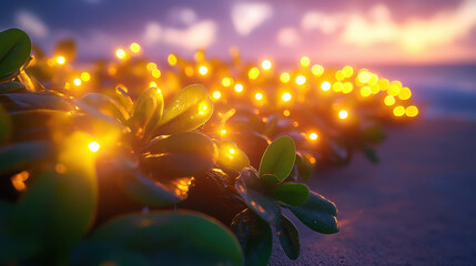 serene beach scene featuring glowing yellow string lights intertwined with lush green plants, creating magical atmosphere at sunset. soft bokeh effect enhances tranquil mood