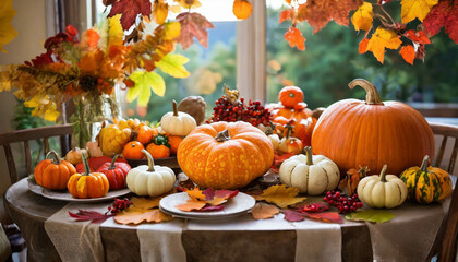 Colorful autumn display with pumpkins, grapes, and autumn leaves on a wooden table in a cozy autumn setting