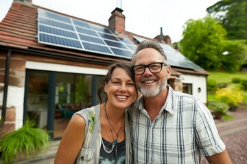 Happy couple in front of eco-friendly home with solar panels on a sunny day