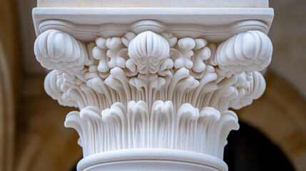 Elegant architectural column with intricate floral carvings and details, showcasing classical design elements and craftsmanship