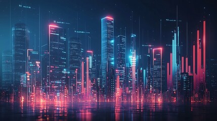 Futuristic Financial Skyline with Glowing Bar Graph Skyscrapers Representing Growth