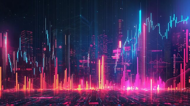 Futuristic Financial Metropolis Glowing Skyscrapers of Bar Graphs and Financial Symbols - Powered by Adobe