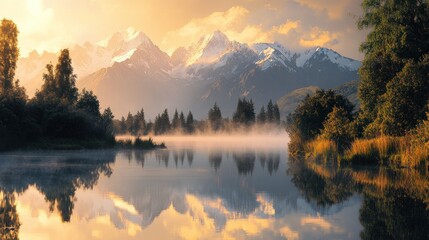 Naklejka premium A tranquil mountain lake at sunrise, with mist rising from the water and snow-capped peaks reflected in the still surface.