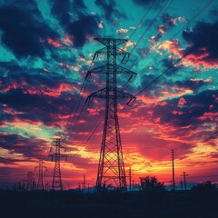Naklejka premium Stunning Sunset Over Power Lines with Vibrant Colors and Dramatic Clouds Creating a Perfect Skyscape Ideal for Energy and Nature Themes